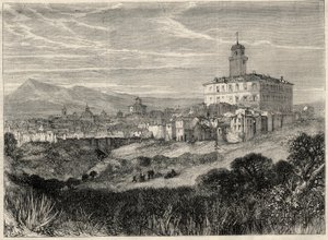 Udsigt over byen Monterotondo (Monte Rotondo, Monte-Rotondo) i Italien. Gravering i "" L