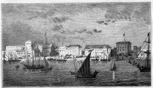 Udsigt over byen Zanzibar i Afrika. Til venstre det franske konsulat. Til højre, sultanens palads og arsenalet. Indgravering i "The Universe illustrious" af Unknown artist