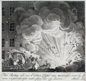 Udsigt over eksplosionen af den infernalske maskine i rue Saint Nicaise i Paris på 3. nivose an IX. Den infernalske maskines sammensværgelse er en sammensværgelse for at dræbe Napoleon Bonaparte, den nye førstekonsul efter kuppet den 18. Brumaire. En ind af Unknown artist
