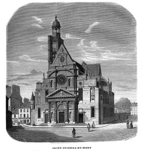Udsigt over facaden af kirken Saint-Etienne-du-Mont, Place Sainte-Genevieve (Saint Etienne du Mont) i Paris i det 5. arrondissement i 1858. af Unknown artist