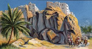 Udsigt over den befæstede by Al-Hadjaren (Alhadjaren), Yemen (Udsigt over Al Hadjaren, Yemen) Chromolitografi fra 1930 Privat samling af Unknown Artist