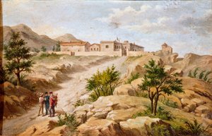 Udsigt over huset til den italienske patriot og helte fra Risorgimento Giuseppe Garibaldi (1807-1882) a Caprera (Sardinien) Garibaldi er med to bønder til venstre i billedet. Anonymt maleri af det 19. århundredes Rom Museo del Risorgimento af Unknown artist