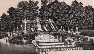 Udsigt over det store vandfald i parken Saint Cloud (Saint-Cloud), Frankrig. i "" Verden illustrerer 168 visninger"" Udateret (slutningen af 1800-tallet) af Unknown artist