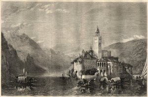 Udsigt over klostret Mater Ecclesiae på øen Saint Jules (Saint Jules) (San Giulio) ved Orta-søen (Lake Cusio) i Italien. Gravering efter et maleri af William Collingwood Smith (1815-1887). I "The Illustrated London News" af 22. marts af Unknown artist