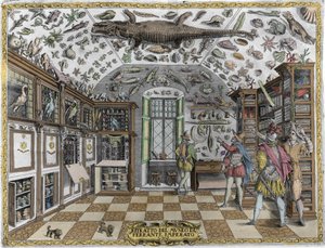 Udsigt over museet (kabinet) af kuriositeter (encyklopædisk museum) af farmaceuten Ferrante Imperato (1550 - 1631). Gravering fra 1678. Museum for den napolitanske apoteker Ferrante Imperato. af Unknown artist