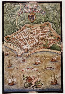 Udsigt over havnen i Le Havre i 1583 - fra et oplyst manuskript af Jacques Delvaux, pilot af flåden, dedikeret til admiral de Joyeuse af Unknown artist