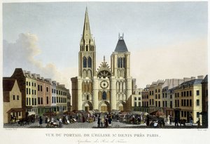 Udsigt over portalen til kirken St Denis, nær Paris, begravelse af Frankrigs konger og marked på pladsen - i "Paris par Courvoisier"" af Unknown artist