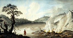Udsigt over solfataren, vulkansk terræn, der kommer fra varme dampe og svovlgasser. Pozzuoli nær Napoli. 19. århundrede. af Unknown artist