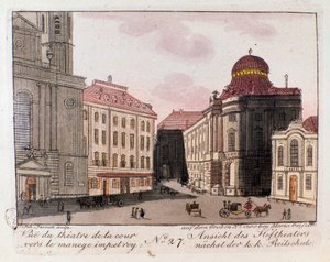 Udsigt over teatret og gården mod den kejserlige manege i Wien, Østrig. Stik fra 1815 Privatsamling af Unknown artist
