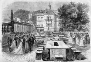 Besøg af kejser Francois-Joseph (1830-1916) og Impress Elisabeth af Østrig (Sissi) (1837-1898) med Eugenie (1826-1920), Impress af franskmændene og Napoleon III til den kejserlige residens Hellbrunn i Østrig den 21. august af Unknown artist