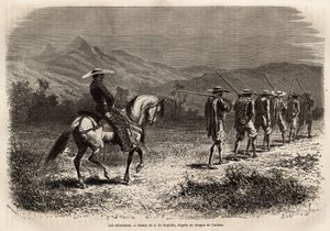 Frivillige på vej til Cali, en lang række mænd med hænderne bundet bag ryggen, forbundet med et reb til hinanden, et reb holdt af en soldat til hest, som tager dem med til en militær træningslejr. Gravering til illustration af rejsen til New Gra af Unknown artist
