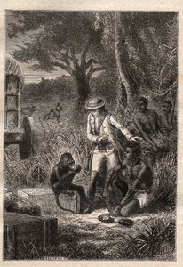 Voyage dans la Caffrerie (Sydafrika) (1781) af Francois Levaillant (Le Vaillant) (1753-1824): Levaillant og hans abe degustateur Maitre Kees, der smager på frugterne og rødderne for at verificere, at de er spiselige - illustration hentet fra "" Les Gra af Unknown artist