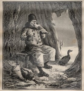Rejser af Charles Rabot (1856-1944): Ostiak (Khanty eller Khante) fra Sibirien spiser fisk - indgravering i ""La Science francaise"" af Unknown artist