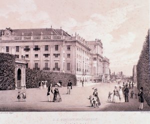 Vandrere i parken Schonbrunn Palace (Schoenbrunn) i Wien. Østrig. Tryk fra begyndelsen af 1800-tallets Privatsamling af Unknown artist