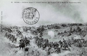 Krig i 1870: Bayersk artilleri tager stilling fra højderne af Marfe i Ardennerne den 01/09/1870. Stik fra 1870 af Unknown artist