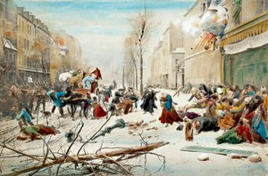 Krig i 1870: belejringen af Paris i 1870, bombardement af preusserne. Indbyggerne i Paris forlader de bombede områder under sne. Akvarel af det 19. århundrede. Paris, Musee de l