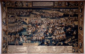 Religionskrigen: "" Slaget ved Jarnac, død af Ludvig I af Bourbon, Prins af Conde (Bourbon-Conde) (1530-1569)"" Den modsætter den 13/03/1569 Prinsen af Condes protestantiske hær til den af Frankrigs konge under kommando af hertugen af Anjou. Gobelin af Unknown artist
