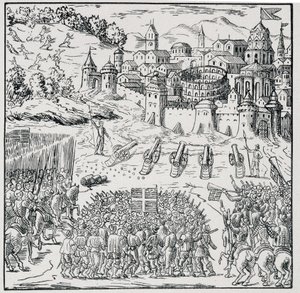 Religionskrig: Byen Nîmes belejret af Kongens Armee (Henry III) i 1576 - i "" Samling af 39 figurer, der repræsenterer Frankrigs ulykker fra 1562 til 1586""", Louis Perrin imprim. af Unknown artist
