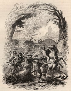 Gallernes krig: Slaget ved Aduatuca mellem det belgiske folk i Eburons og den romerske hær. Quintus Titurius Sabinus og Lucius Aurunculeius Cotta blev besejret i 54 f.Kr. Indgravering fra 1868 i "Belgiens historie fra primitive tider til slutningen af ​​de af Unknown artist