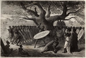 Krigerøvelser af Landines eller caffres-zulus, en Sena (Zambesisk flodregion, Mozambique). Indgravering til illustration af Dr. Livingstones første rejser til det sydlige Afrika fra 1840 til 1856, i "Le tour du monde, nouveau journal des voyages"" udgivet  af Unknown artist