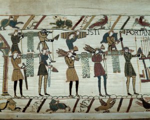Våben og vin bringes til skibene under tankning til erobringen af England af Vilhelm Erobrerens (1027-1087) flåder i 1066. Detalje af Bayeux-tapetet eller Broderi af Dronning Mathilde af Unknown artist