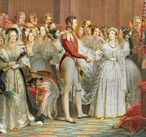 Dronning Victorias bryllup med prins Albert af Sachsen Cobourg Gotha i Saint James Palace i London 10. februar 1840 (gravering) af Unknown artist