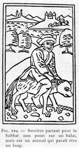 Heks, der rejser til sabbatten, ikke på en kost, men på et dyr, der ser ud til at være en ulv. af Unknown artist