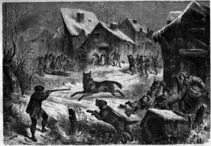 Ulvejagt i landsbyen Saliers, Bouches du Rhone (13), 31. december 1860. Indgravering i “” Le Monde Illustré”” n¡196 af 12. januar 1861. af Unknown artist