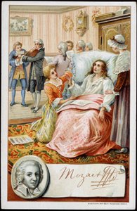 Wolfgang Amadeus Mozart (1756-1791) i de sidste dage af sit liv. Kromolitografi af det 19. århundrede af Unknown artist