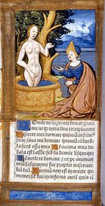 Kvinde på sit toilet. Side af et manuskript fra Pentateuken. 15. århundrede. Bibl. Braidense, Milano. af Unknown artist