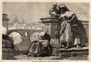 Kvinder og børn i det romerske landskab hviler på kanten af Tiberen, bag horisonten: kuplerne i Peterskirken i Vatikanet. Gravering til illustration af rejsen til Rom, af Francis Wey, i 1864-1868, udgivet i "Le tour du monde, no. af Unknown artist