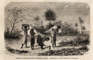 Kvinder fra bredden af Zambeze, der befrier en hakke og introducerer børn til landbrugsarbejde. Indgravering til illustration af Dr. Livingstones første rejser til det sydlige Afrika fra 1840 til 1856, i "Le tour du monde, nouveau journal des voyages"" udg af Unknown artist