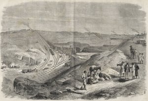 Arbejde på Suez-kanalen 1864 - Byggeplads og borearbejde på Suez-kanalen i 1864 (Chaluf Tranchee) - af Unknown artist