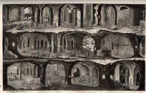 Arbejder i saltminen Wieliczka - mineby i Polen - Udsigt over underjordiske arbejder i saltminerne i Wieliska, i Gallicie - indgravering i 