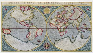 Verdenskort over Mercator (1587) - efter "Gerard Mercators atlas eller kosmografiske meditationer over verdens stof og stoffets form", Amsterdam af Unknown artist