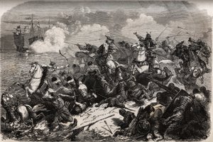 Yori Omo og en samurai-hær afviser invasionen af ​​mongolerne i 1274 ledet af Qubilai (Kubilai Khan, første kejser af det mongolske Yuan-dynasti (1215-1294), men tyfoner (kami kaze: gudernes vind) afviser og kæntrer mongolerne flåde, der skåner japanerne af Unknown artist