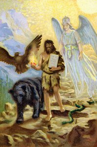 Zarathustra (Zarathustra, Zarathushtra, Zarathustra eller Zoroastra), guidet af ærkeenglen og ledsaget af dyr, der ville holde ham ledsager under hans tilbagetog på bjerget, stiger ned mellem mænd for at bære lovens bord modtaget af Ahura Mazda af Unknown artist
