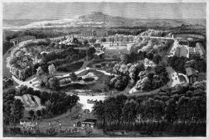 generel udsigt over akklimatiseringens have til Bois de Boulogne tilbudt og indviet af Napoleon III i 1860, der kombinerer natur, frodig flora og eksotiske dyr, i "" l