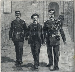 den italienske anarkistiske Luigi Luccheni (Lucheni) morder på imponen Elizabeth af Østrig (Sissi) stillet for Domstolen i 1898. af Unknown artist