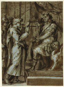 Tryllekunstner, der forudsiger noget for en kejser (recto); mandlig nøgen person, der bærer en byrde (verso) af Unknown Italian