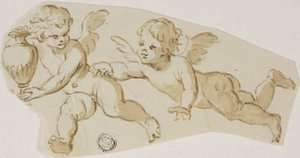 Putto jagter en anden putto, der bærer en vase