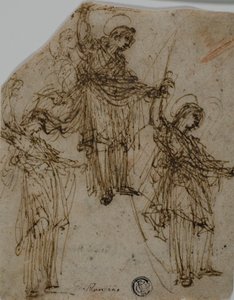 Skitser af en stående helgen med et sværd (recto); Skitser af figurer og hoveder (verso) af Unknown Lombard