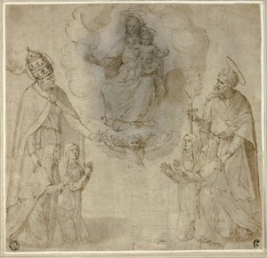 Jomfruen og barnet foran de hellige Fabianus (eller Gregorius den Store) og Josef af Unknown Sienese