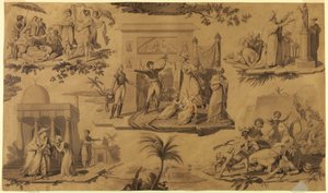 Tegning, tegneserie til trykt bomuldstekstil: Franskmændene i Egypten [Les Francais en Egypte], ca. 1815 af Unknown artistUnknown artist