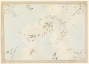 Tegning, loftsdesign med duer og blomsterguirlander, muligvis til indgangshallen, 1815-22 af Unknown artistUnknown artist