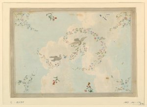 Tegning, loftsdesign med duer og blomsterguirlander, muligvis til indgangshallen, 1815-22