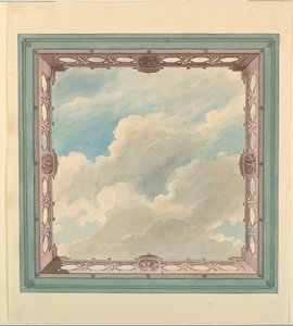 Tegning, loftsdesign med balkon i træværk og åben himmel, muligvis til vinterhave/musikrum eller spisestue, ca. 1820 af Unknown artistUnknown artist