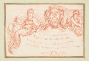 Tegning, loftsdetalje med to siddende figurer og våbenskjold, ca. 1759-70 af Unknown artistUnknown artist