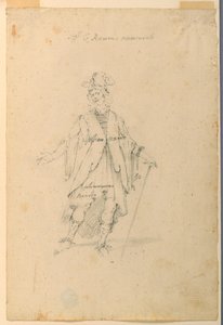 Tegning, kostumedesign: En mand i fantastisk dragt til en ballet, ca. 1720
