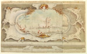 Tegning, dekorativ kartouche med et landskab, ca. 1770 af Unknown artistUnknown artist